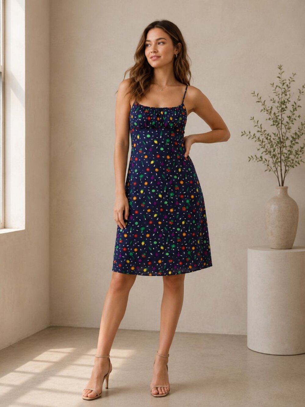 Staud Navy Multicolor Spaghetti Strap Mini Dress Designer Vacation Dress 0465